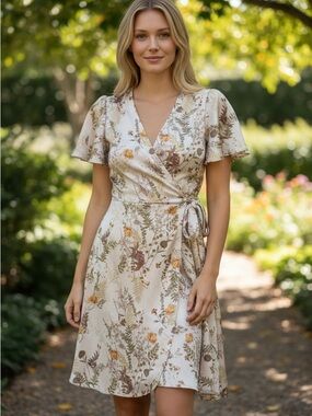 Dress Forum Cream Floral Wrap Midi with Yellow & Green Accents